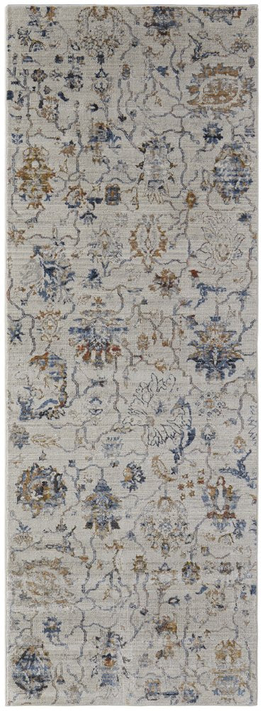 3' X 5' Ivory Blue And Burnt Orange Floral Distressed Area Rug With Fringe