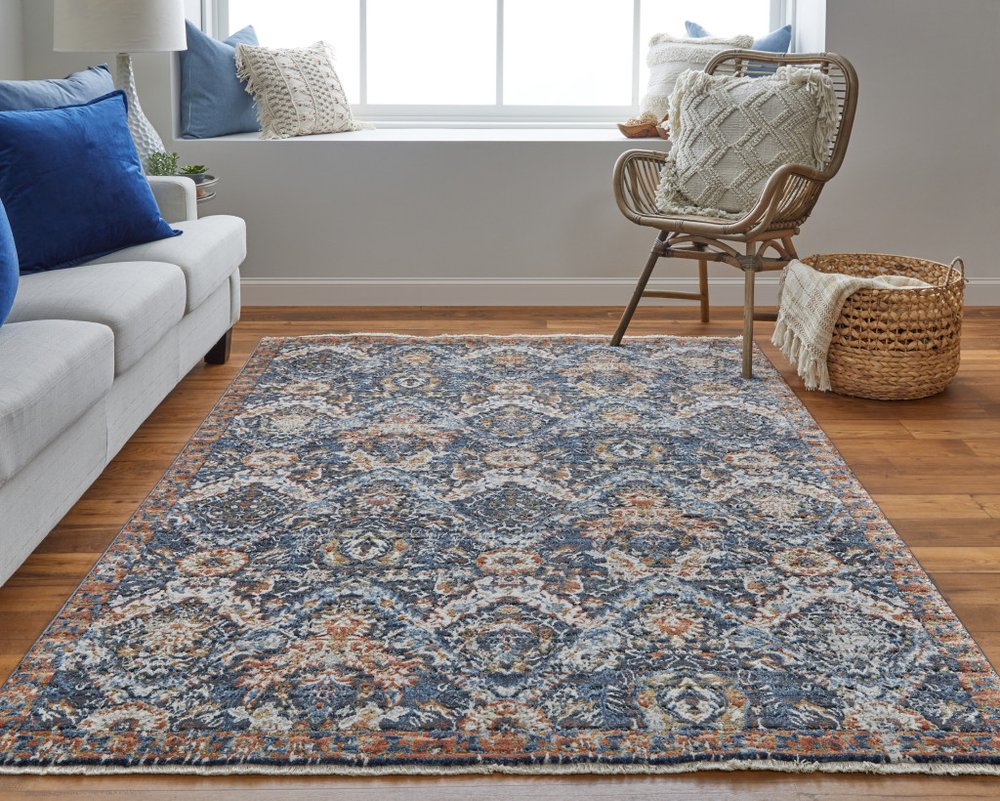 3' X 5' Ivory Blue And Burnt Orange Floral Area Rug With Fringe