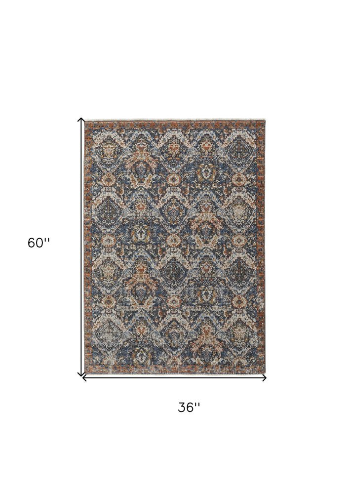 3' X 5' Ivory Blue And Burnt Orange Floral Area Rug With Fringe