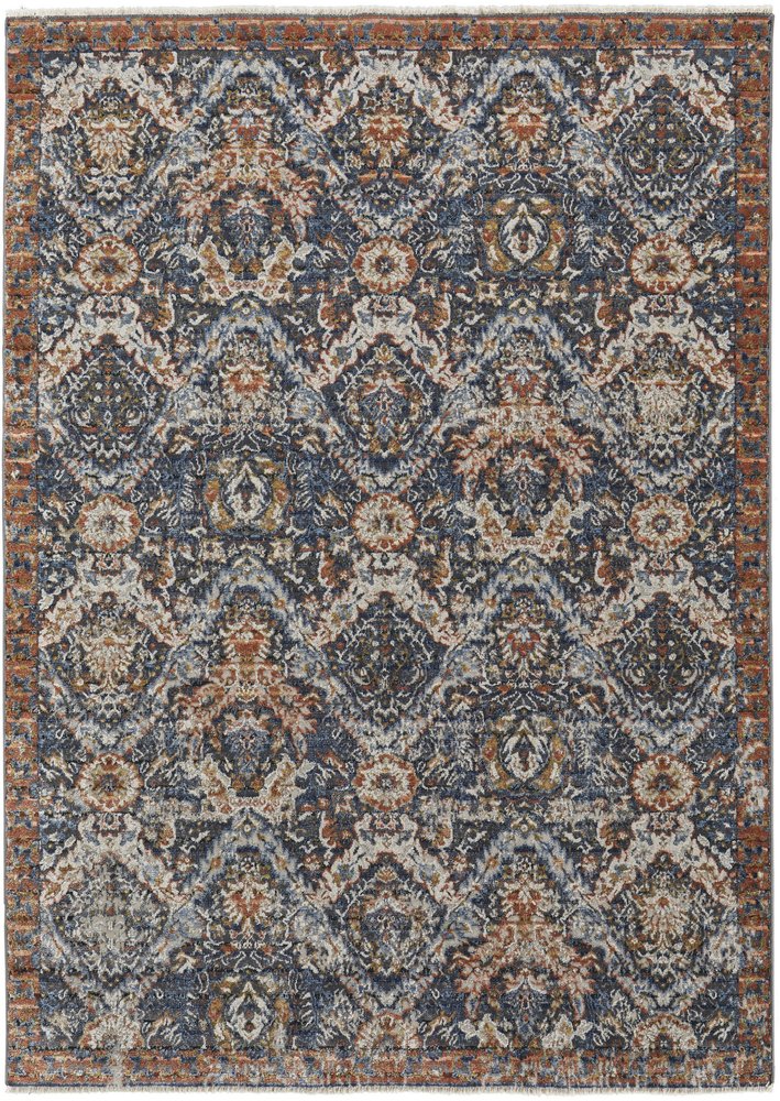 3' X 5' Ivory Blue And Burnt Orange Floral Area Rug With Fringe