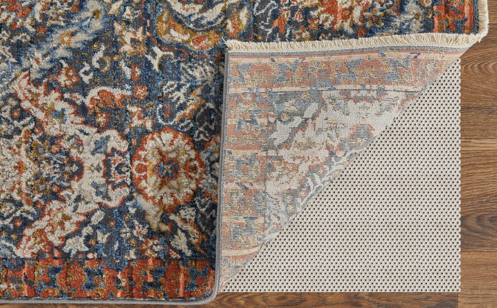 3' X 5' Ivory Blue And Burnt Orange Floral Area Rug With Fringe