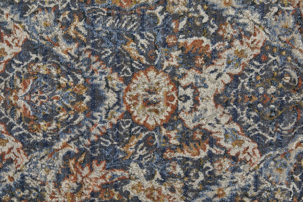 3' X 5' Ivory Blue And Burnt Orange Floral Area Rug With Fringe