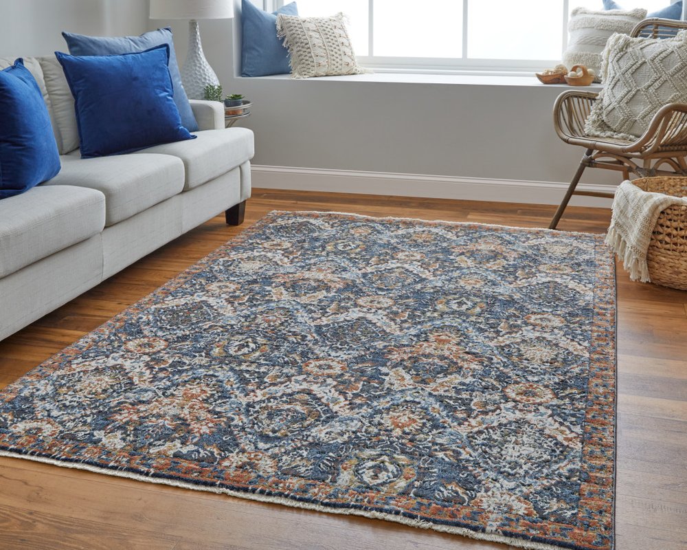 3' X 5' Ivory Blue And Burnt Orange Floral Area Rug With Fringe