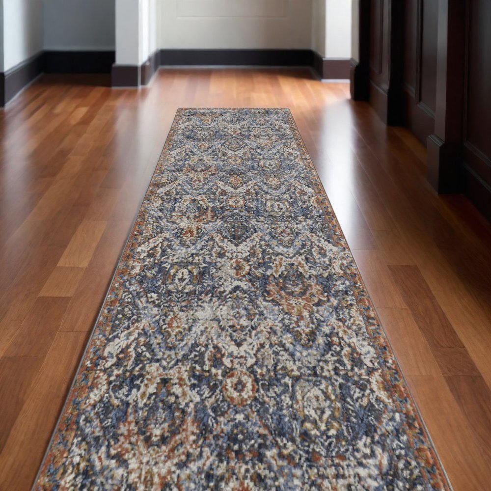 3' X 5' Ivory Blue And Burnt Orange Floral Area Rug With Fringe