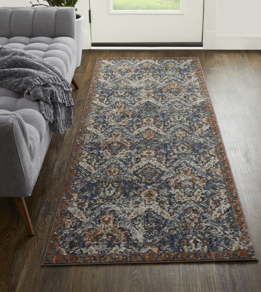 3' X 5' Ivory Blue And Burnt Orange Floral Area Rug With Fringe