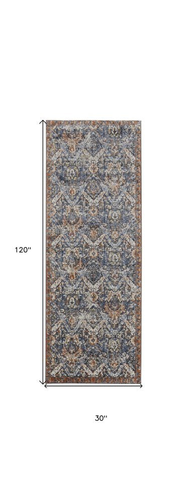 3' X 5' Ivory Blue And Burnt Orange Floral Area Rug With Fringe