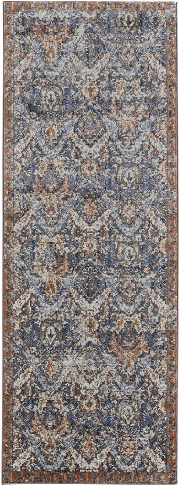 3' X 5' Ivory Blue And Burnt Orange Floral Area Rug With Fringe