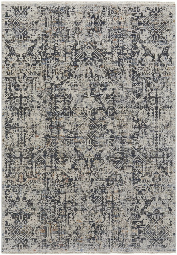 3' X 5' Ivory and Gray Abstract Power Loom Worn Faded Area Rug With Fringe