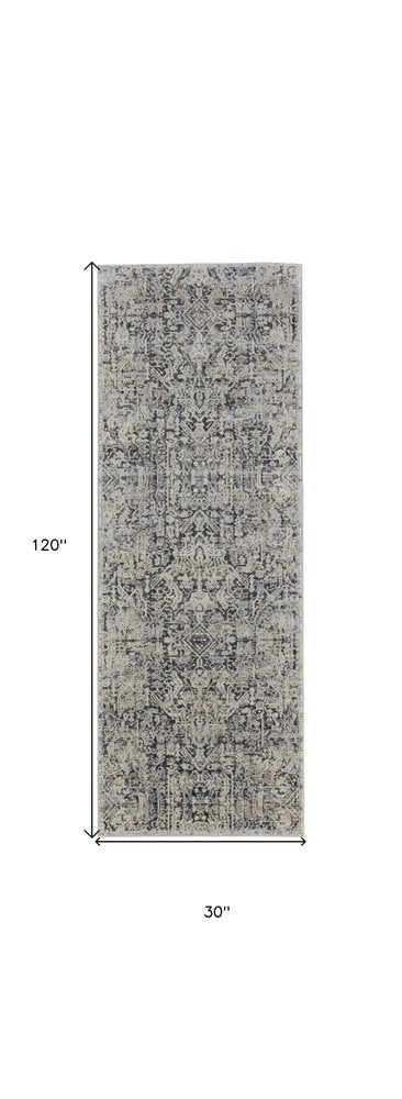 3' X 5' Ivory and Gray Abstract Power Loom Worn Faded Area Rug With Fringe