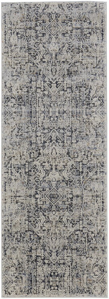 3' X 5' Ivory and Gray Abstract Power Loom Worn Faded Area Rug With Fringe