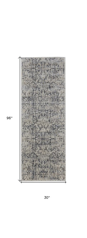 3' X 5' Ivory and Gray Abstract Power Loom Worn Faded Area Rug With Fringe