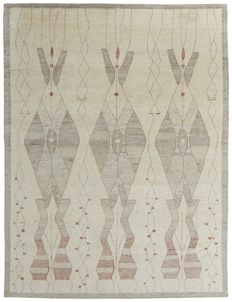 8' X 12' Gray and Red Wool Geometric Hand Knotted Area Rug