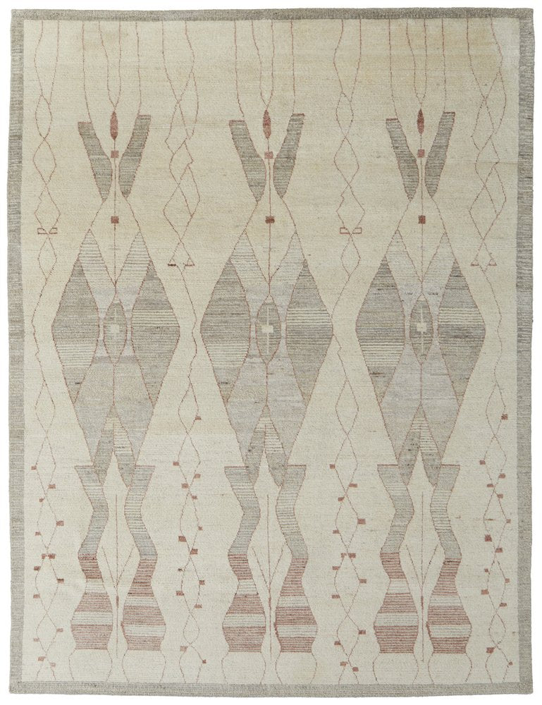 8' X 12' Gray and Red Wool Geometric Hand Knotted Area Rug