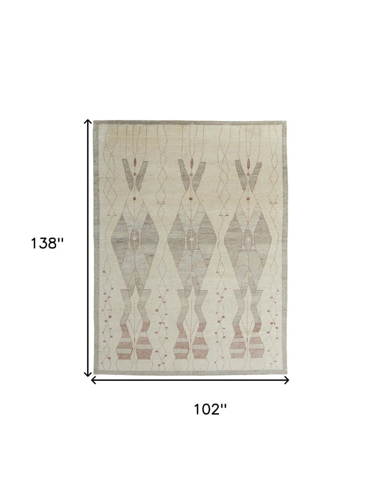 8' X 12' Gray and Red Wool Geometric Hand Knotted Area Rug