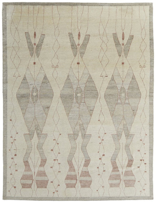 8' X 12' Gray and Red Wool Geometric Hand Knotted Area Rug