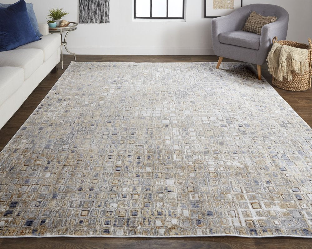 3' X 5' Tan Ivory and Blue Geometric Power Loom Worn Faded Area Rug
