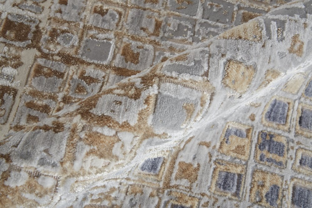 3' X 5' Tan Ivory and Blue Geometric Power Loom Worn Faded Area Rug