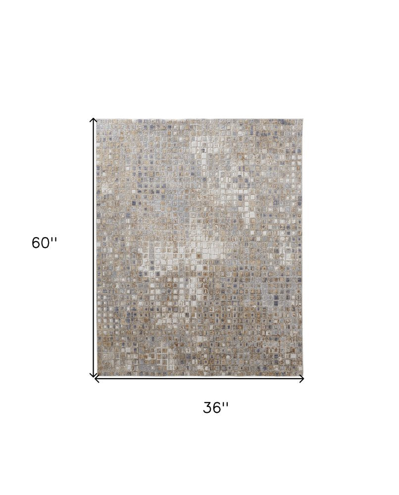 3' X 5' Tan Ivory and Blue Geometric Power Loom Worn Faded Area Rug