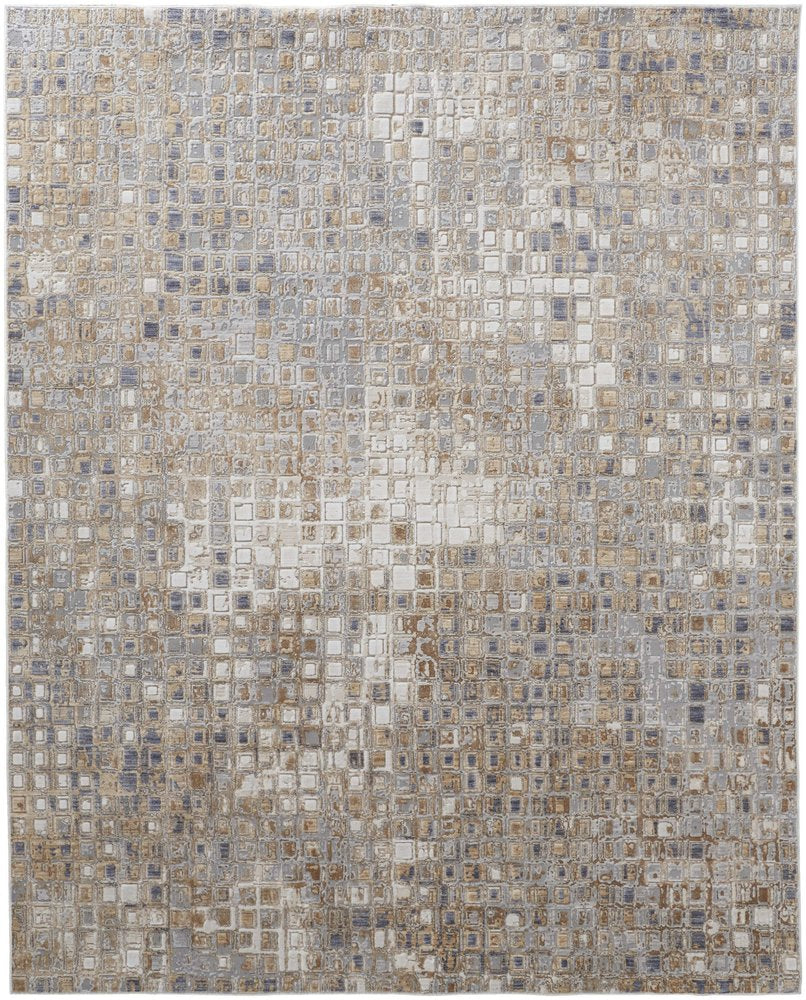 3' X 5' Tan Ivory and Blue Geometric Power Loom Worn Faded Area Rug