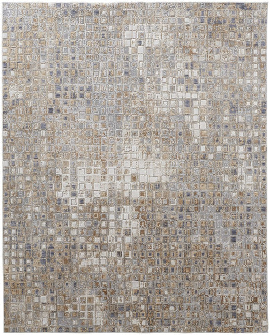 3' X 5' Tan Ivory and Blue Geometric Power Loom Worn Faded Area Rug