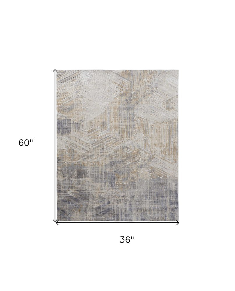 3' X 5' Ivory Gray And Tan Abstract Distressed Area Rug