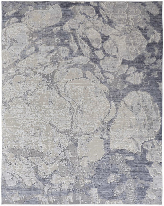 3' X 5' Ivory and Blue Abstract Power Loom Worn Faded Area Rug