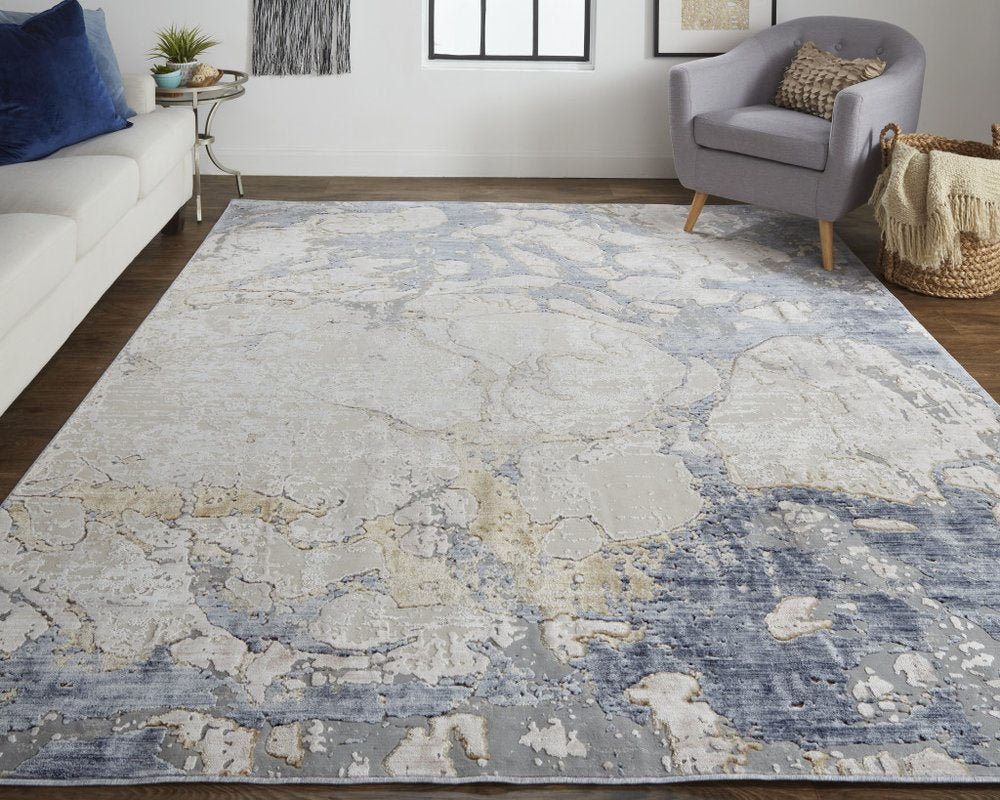 3' X 5' Ivory and Blue Abstract Power Loom Worn Faded Area Rug
