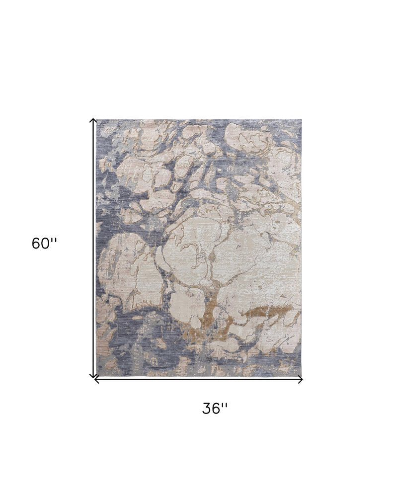 3' X 5' Ivory and Blue Abstract Power Loom Worn Faded Area Rug