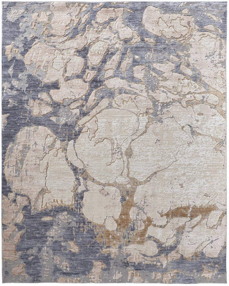 3' X 5' Ivory and Blue Abstract Power Loom Worn Faded Area Rug