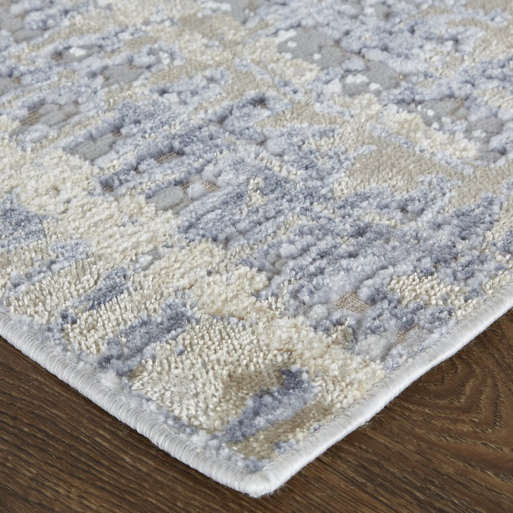 3' X 5' Tan And Blue Abstract Distressed Area Rug