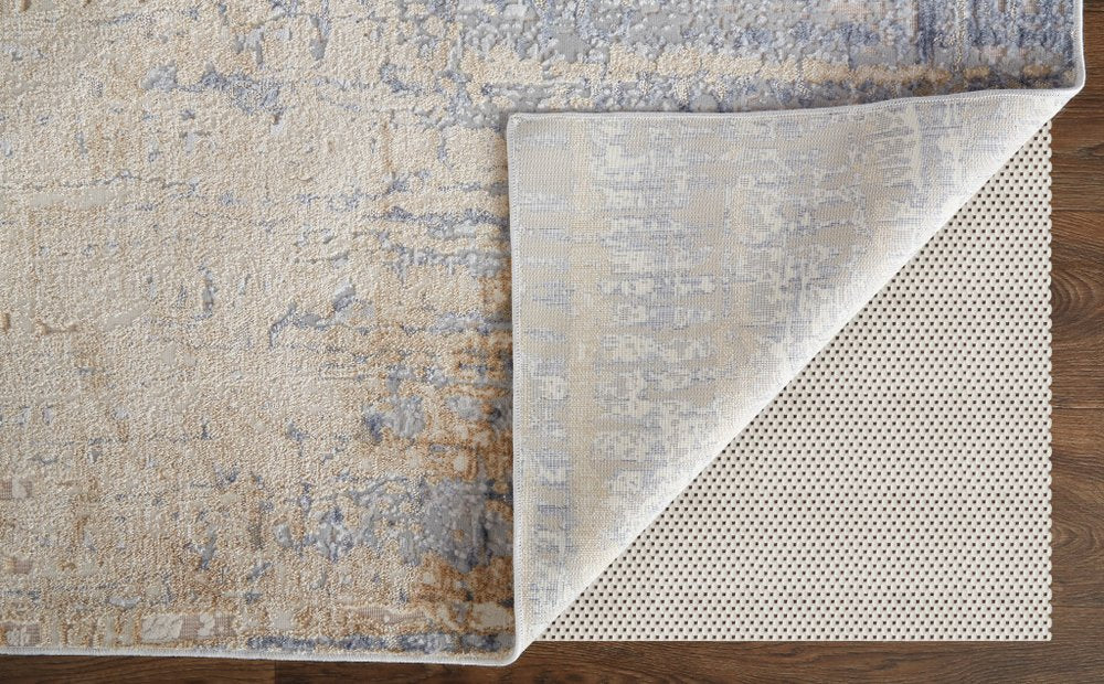 3' X 5' Tan And Blue Abstract Distressed Area Rug