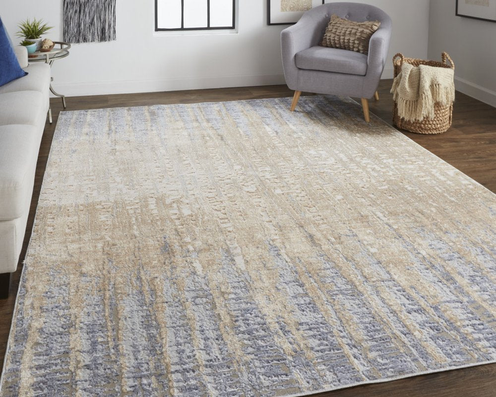 3' X 5' Tan And Blue Abstract Distressed Area Rug