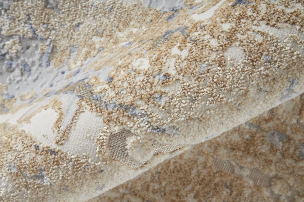 3' X 5' Tan And Blue Abstract Distressed Area Rug