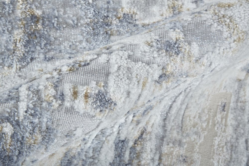 10' Ivory Gray and Blue Abstract Power Loom Worn Faded Runner Rug