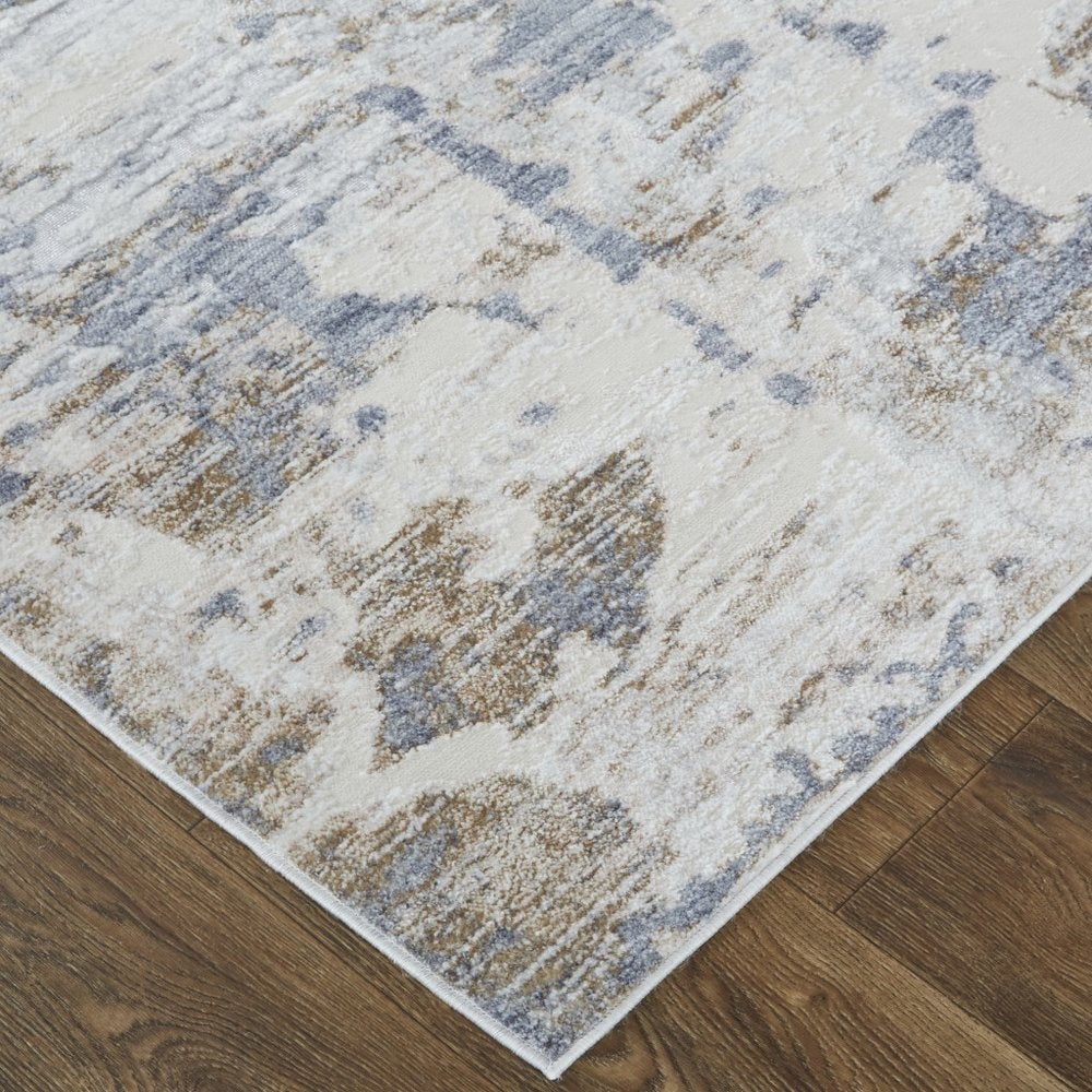 10' Ivory Gray and Blue Abstract Power Loom Worn Faded Runner Rug