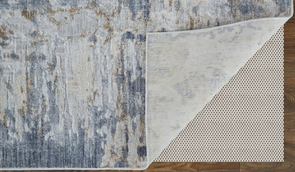 10' Ivory Gray and Blue Abstract Power Loom Worn Faded Runner Rug