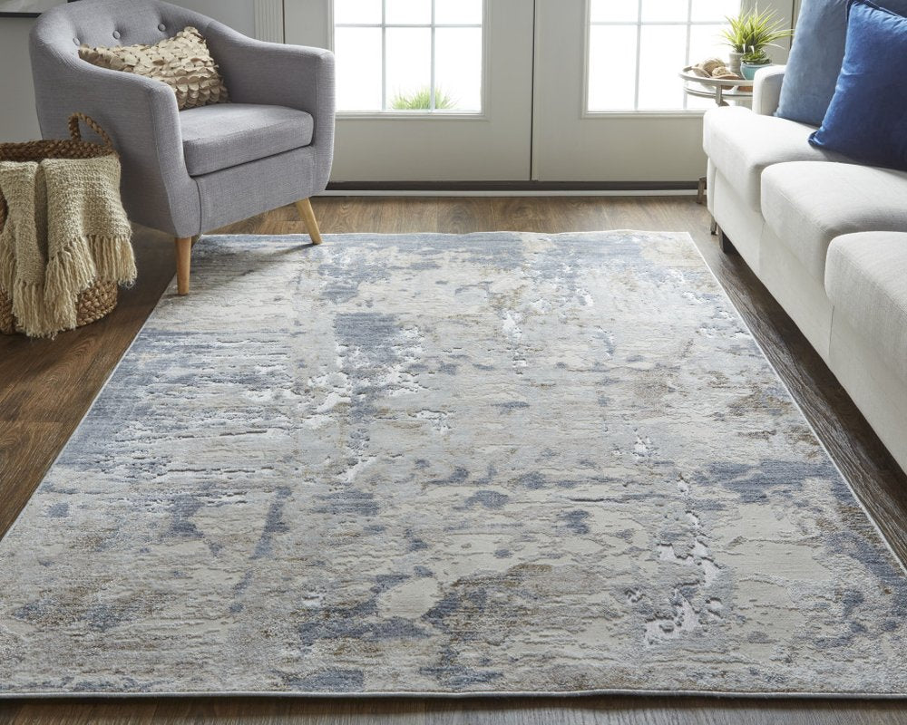 10' Ivory Gray and Blue Abstract Power Loom Worn Faded Runner Rug