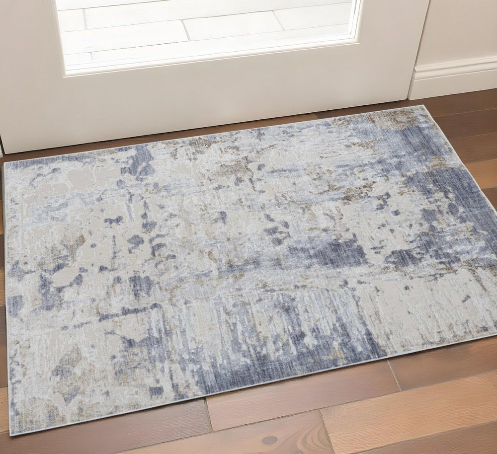 10' Ivory Gray and Blue Abstract Power Loom Worn Faded Runner Rug