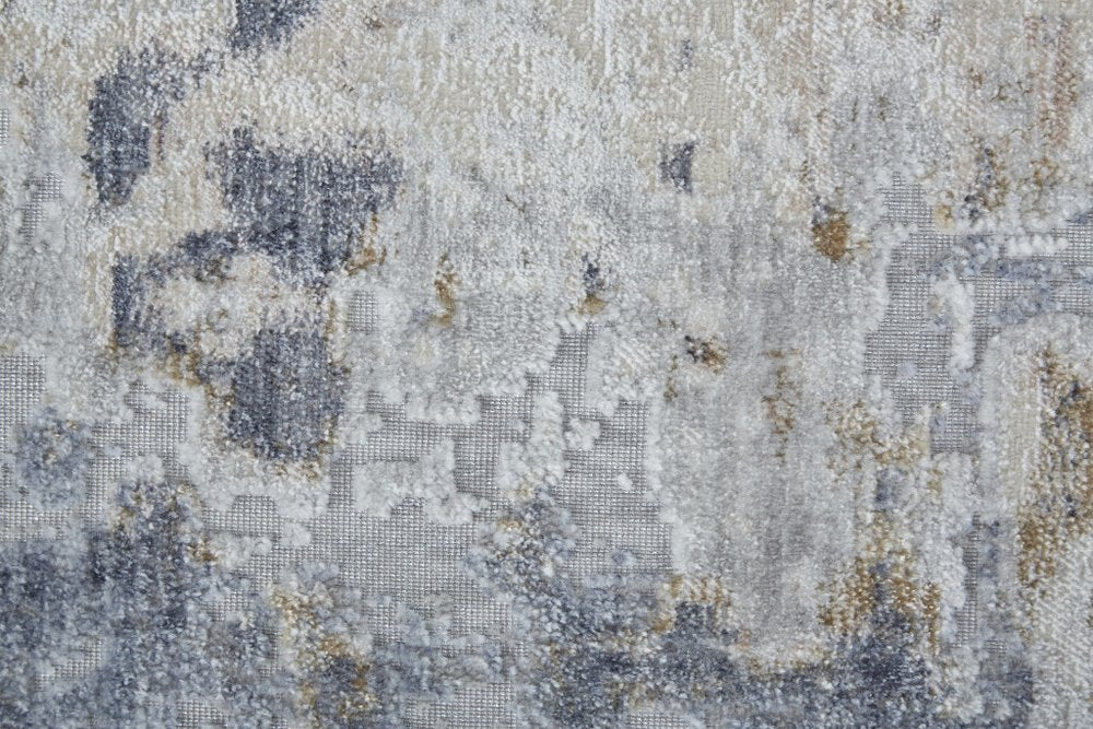 10' Ivory Gray and Blue Abstract Power Loom Worn Faded Runner Rug