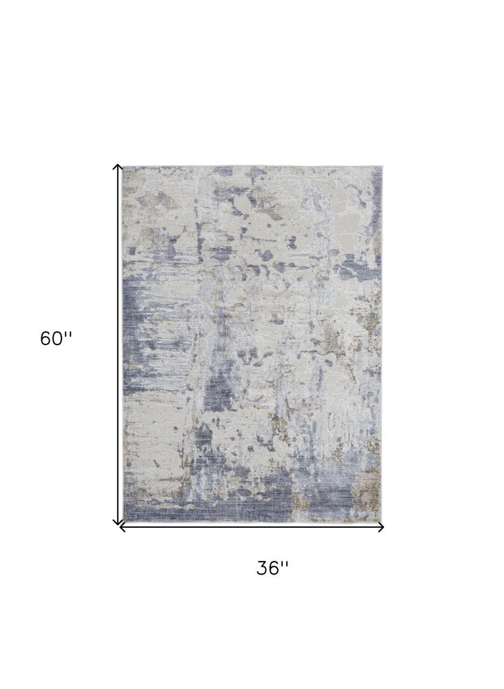 10' Ivory Gray and Blue Abstract Power Loom Worn Faded Runner Rug