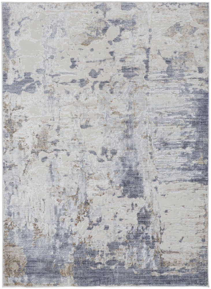 10' Ivory Gray and Blue Abstract Power Loom Worn Faded Runner Rug