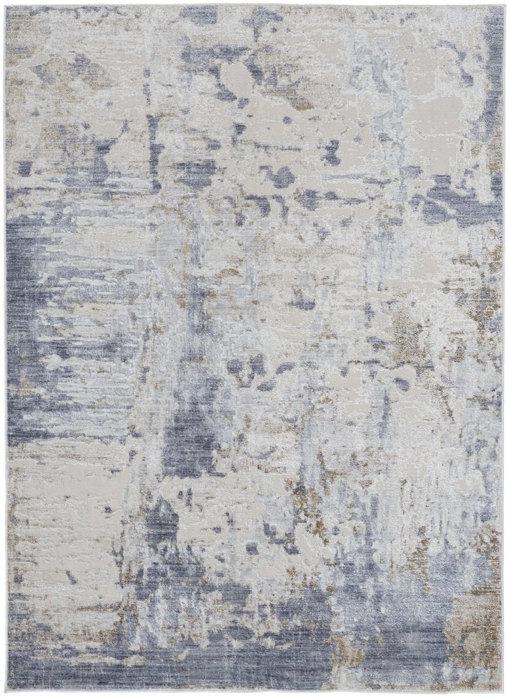 10' Ivory Gray and Blue Abstract Power Loom Worn Faded Runner Rug