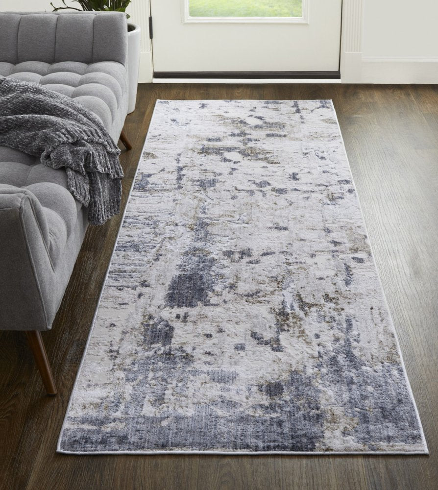 10' Ivory Gray and Blue Abstract Power Loom Worn Faded Runner Rug