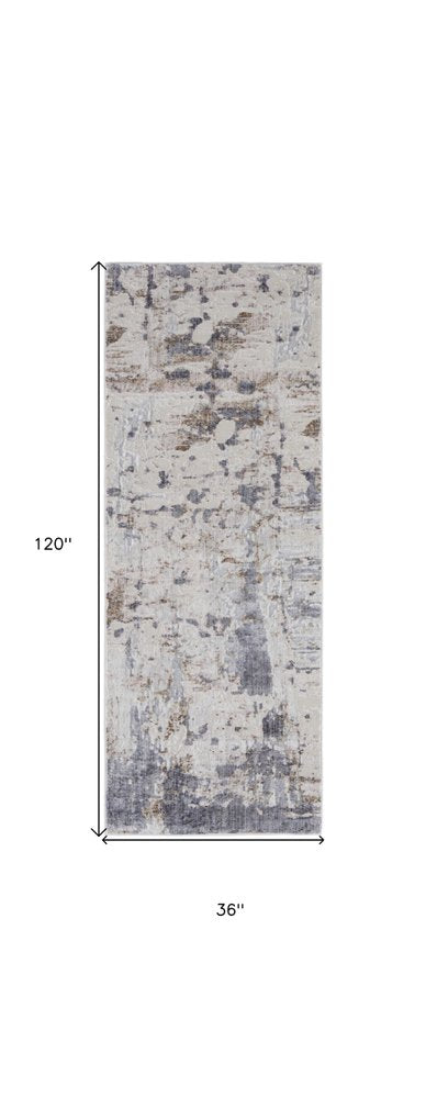 10' Ivory Gray and Blue Abstract Power Loom Worn Faded Runner Rug