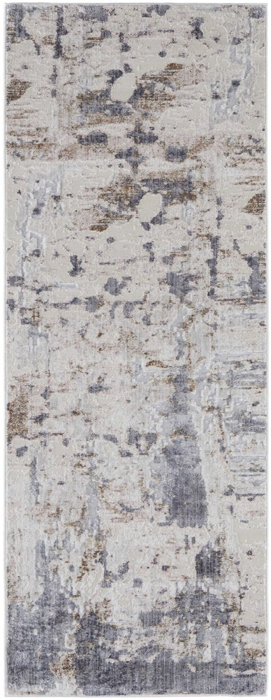 10' Ivory Gray and Blue Abstract Power Loom Worn Faded Runner Rug