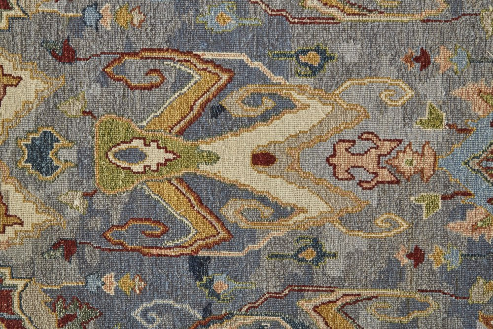 2' X 3' Ivory Blue and Brown Wool Ikat Hand Knotted Area Rug With Fringe