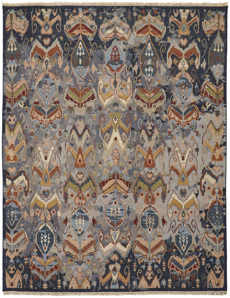 2' X 3' Ivory Blue and Brown Wool Ikat Hand Knotted Area Rug With Fringe