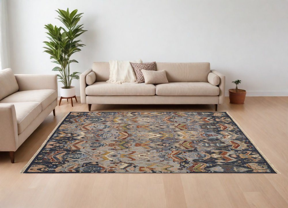 2' X 3' Ivory Blue and Brown Wool Ikat Hand Knotted Area Rug With Fringe