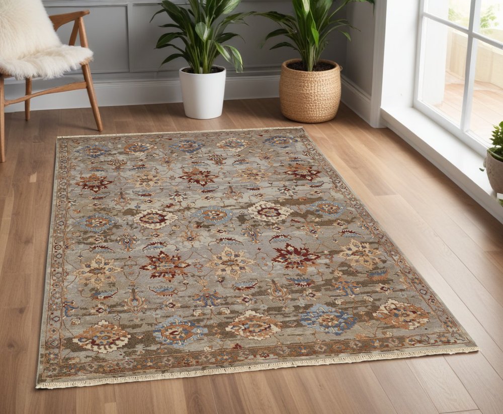 4' X 6' Tan Brown and Gray Wool Floral Hand Knotted Area Rug With Fringe