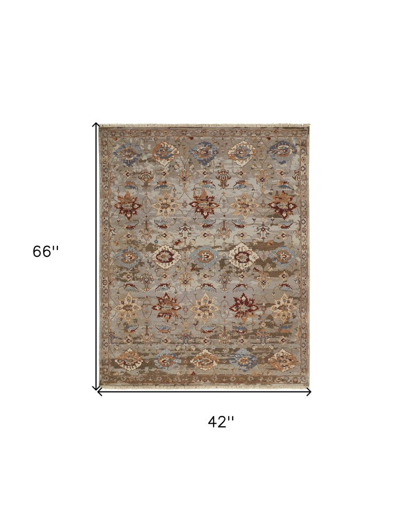 4' X 6' Tan Brown and Gray Wool Floral Hand Knotted Area Rug With Fringe